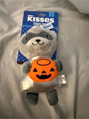 Kiss Gray Plush Raccoon Dog Toy with Orange Pumpkin